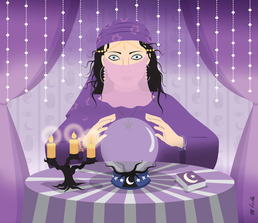 table, crystal ball, card deck, candles, woman fortune teller