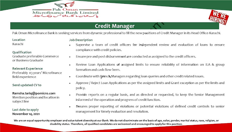 Pak Oman Microfinance Bank Limited Latest Jobs For Credit Manager