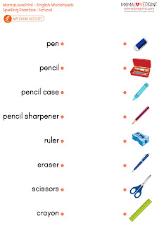 MamaLovePrint . Grade 1 English Worksheets . Vocabulary Spelling Exercise (School Objects) PDF Free Download