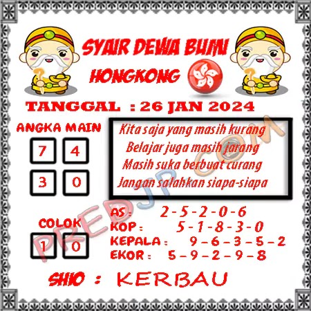 Prediksi Dewa Bumi Togel Hongkong Jumat 26 Januari 2024