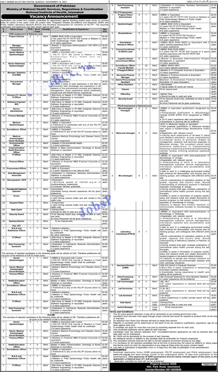 Ministry of National Health Services Latest Jobs 2021- Online Apply