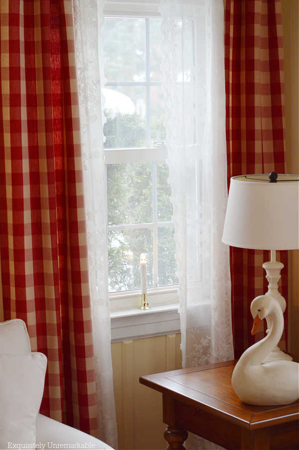 Red Checked  And Lace Curtain Panels
