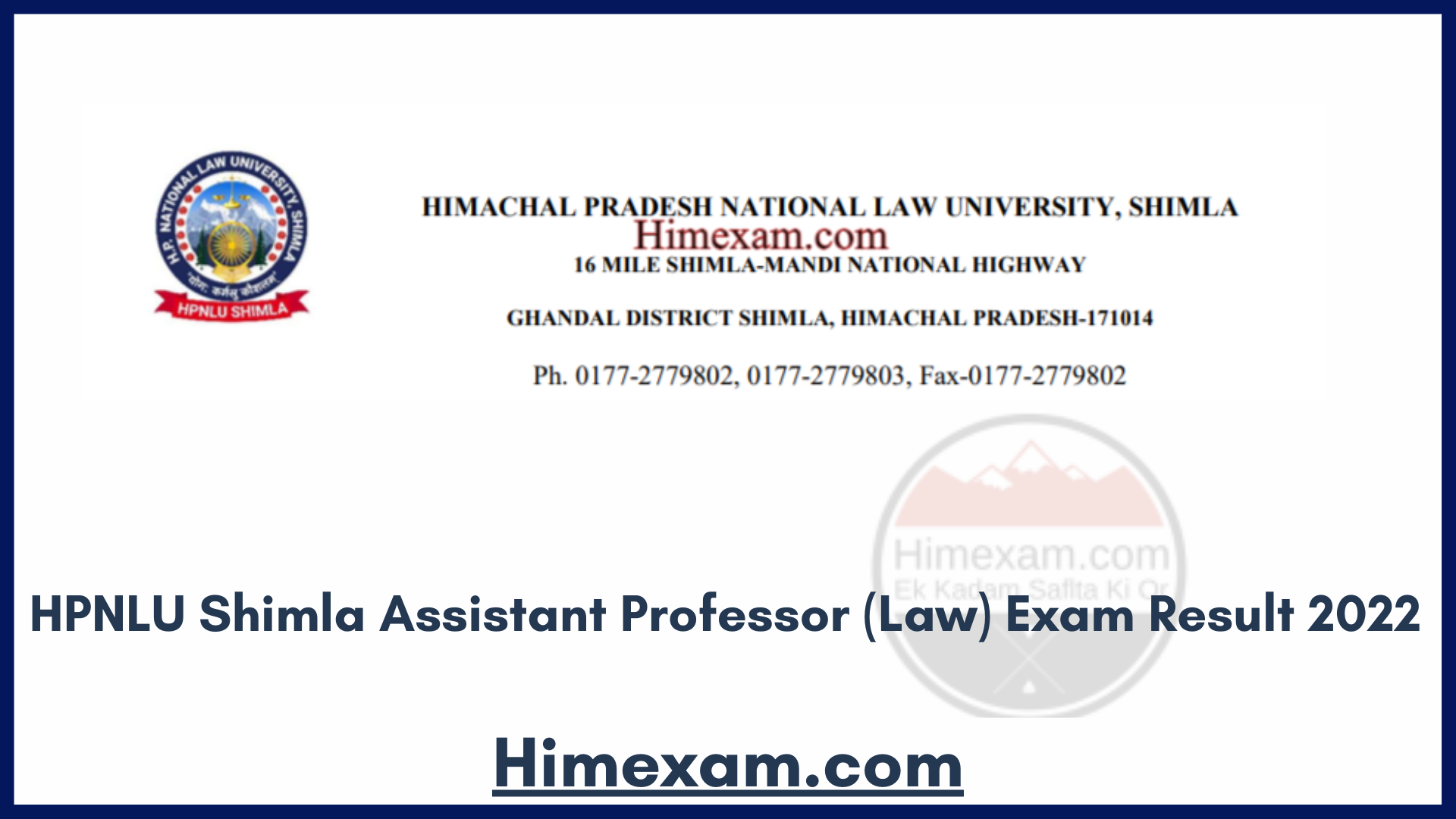 HPNLU Shimla Assistant Professor (Law) Exam Result 2022