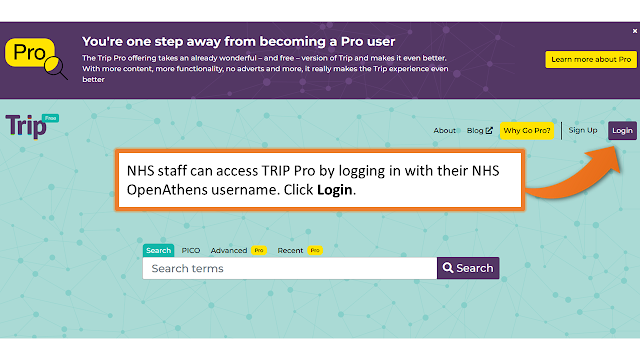 The TRIP database home page with the login button in the top right