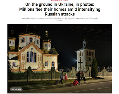 screen shot of a family walking past a church on their way to the border crossing with Poland.