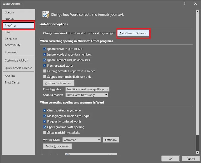 إعدادات AutoCorrect Options في Word