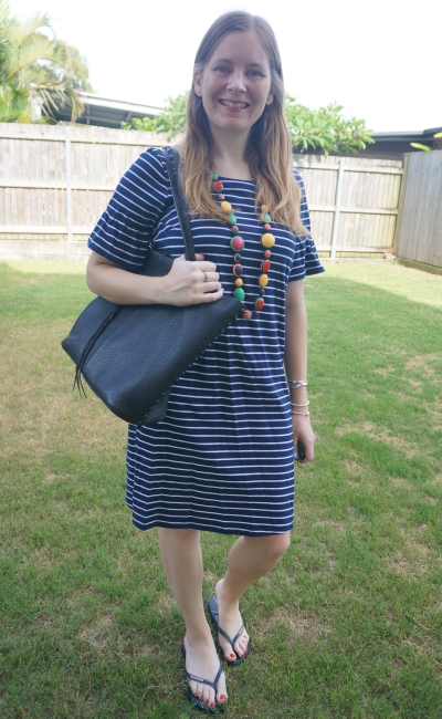 Target navy and white striped shift dress with frill sleeves, statement necklace and black rebecca minkoff medium unlined tote studded hardware | awayfromblue