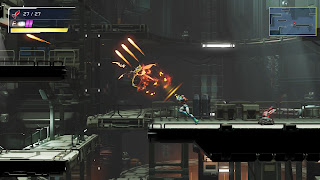 Samus shooting her Wide Beam in Metroid Dread, at centre of Dairon