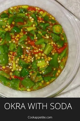 Okra soup is cooked with tomatoes, water and soda or bicarbonate of soda, no cooking oil is adding in boiled okra.