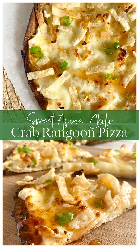 Collage of crab rangoon pizza on parchment paper