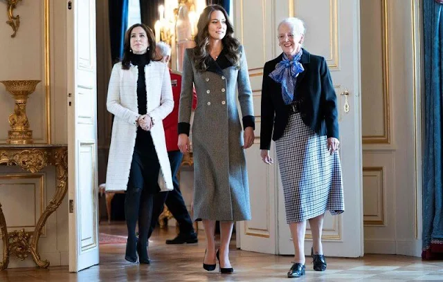 Kate Middleton wore a grey Marine coat from Catherine Walker. The Duchess of Cambridge, Queen Margrethe and Crown Princess Mary