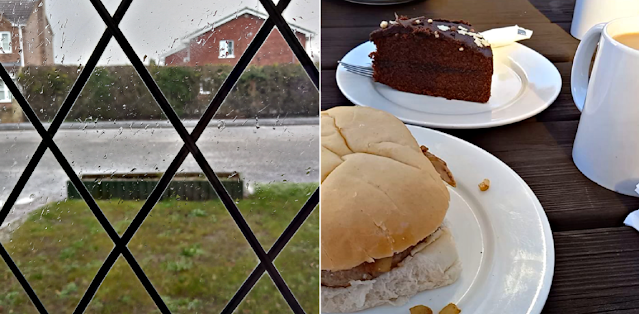 Hailstones and burger, cake and a cuppa