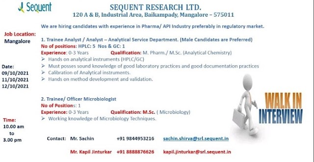 Sequent Research Ltd | Walk-In for Microbiology & Analytical Services On 9th, 11th & 12th Oct 2021