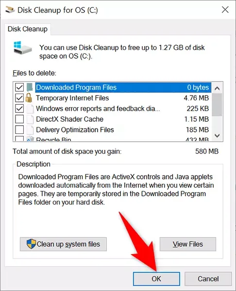 Sélectionnez les fichiers que vous voulez supprimer de votre ordinateur dans la boîte Disk Cleanup.