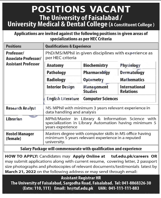 University of Faisalabad TUF Jobs 2022