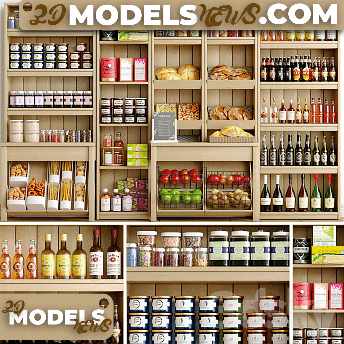 Rack model with spices alcohol and pastries in the supermarket 1