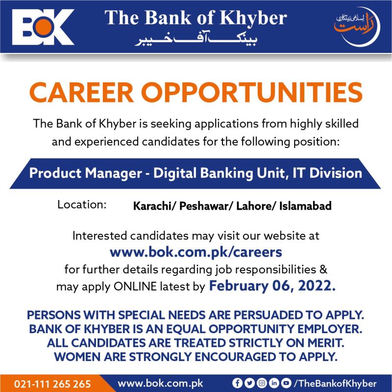 Bank of Khyber BOK Jobs 2022-Apply Online via bok.com.pk/Careers
