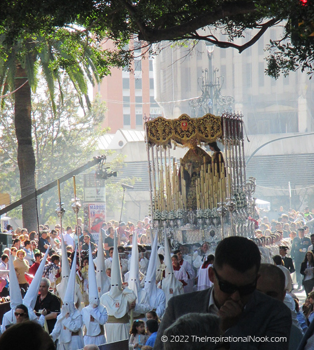 Semana Santa, pasos, costaleros carrying Virgin Mary, float, procession, Nazarenos, Malaga, Easter