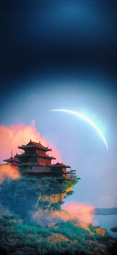 Temple atop misty peaks under a crescent moon