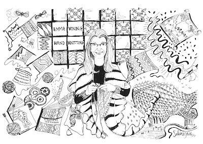 Black and white illustration of a woman knitting. She is surrounded by multiple drawings of knitted swatches and architectural inspirations.