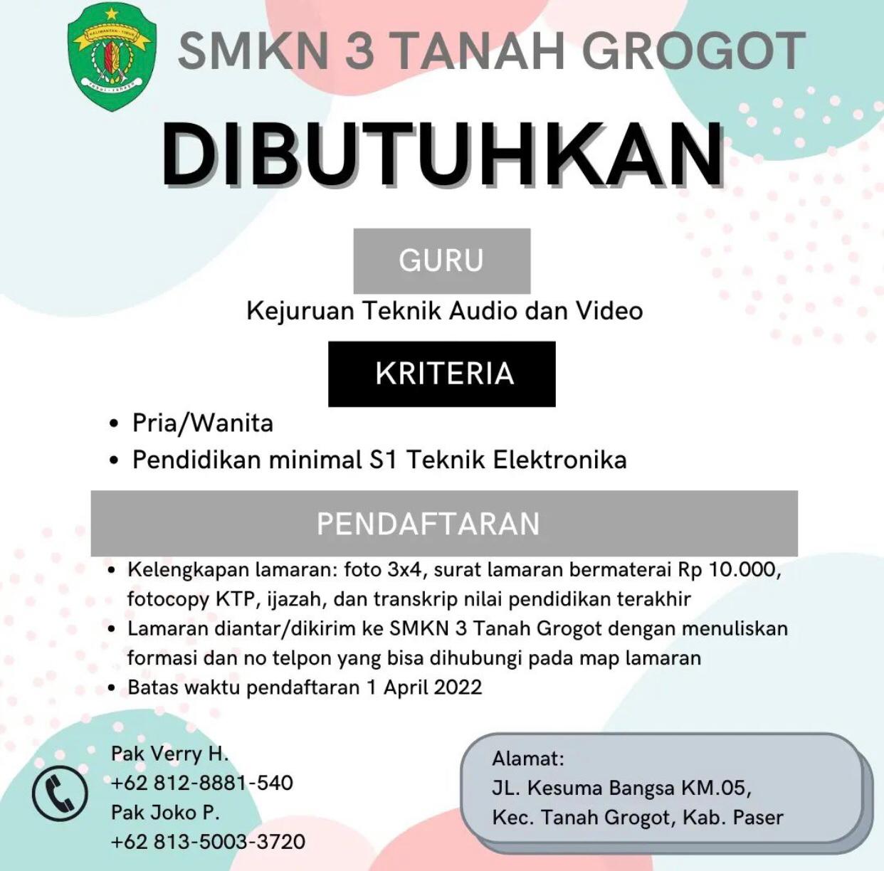 LOWONGAN KERJA GURU - SMKN 3 TANAH GROGOT