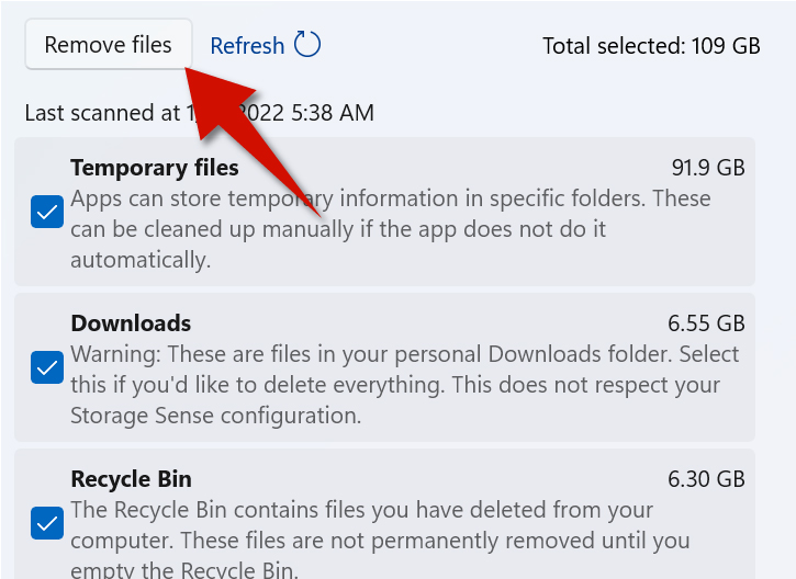 Click remove files after specifying the types of temporary files you want to erase.