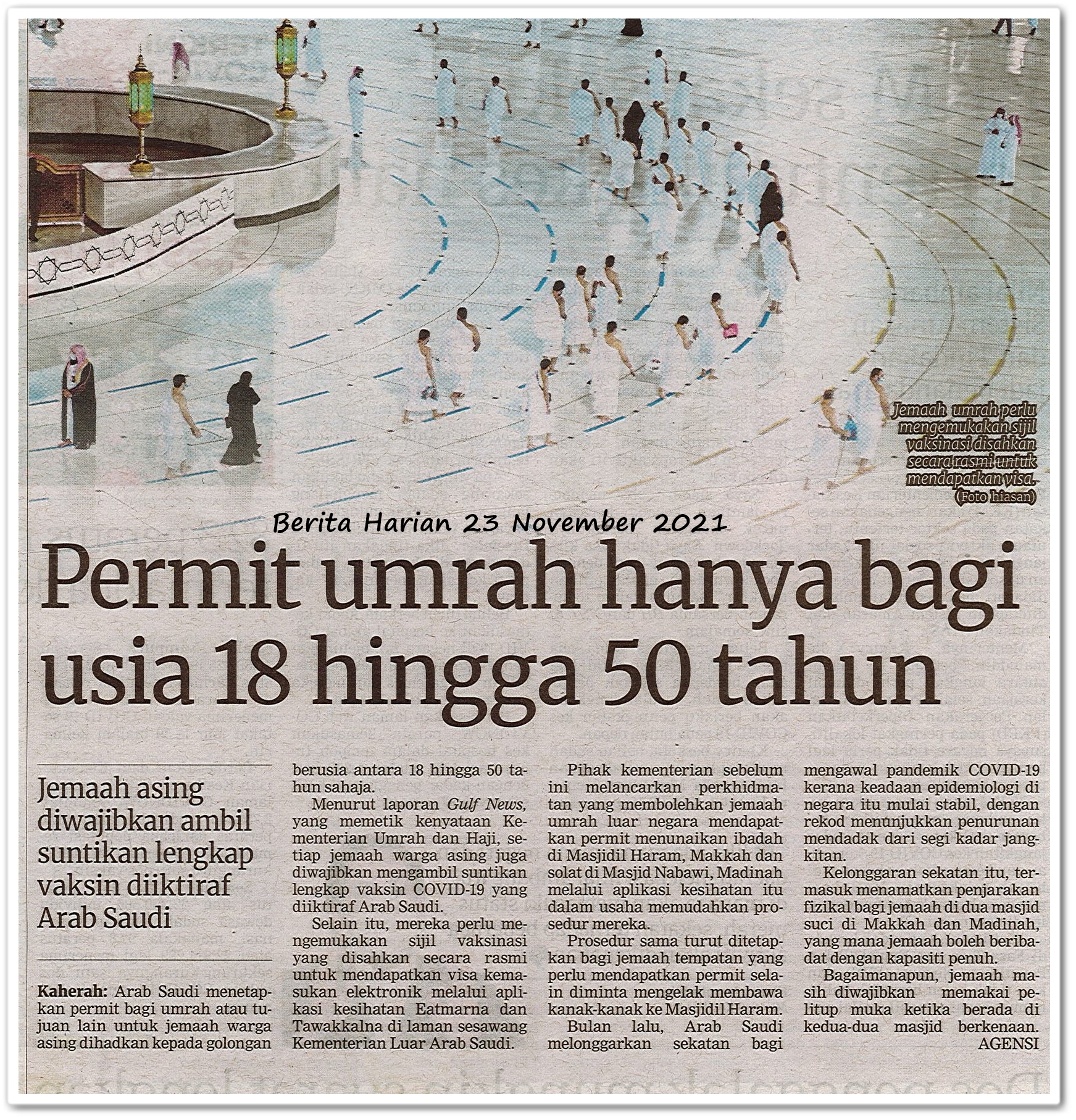 Permit umrah hanya bagi usia 18 hingga 50 tahun - Keratan akhbar Berita Harian 23 November 2021