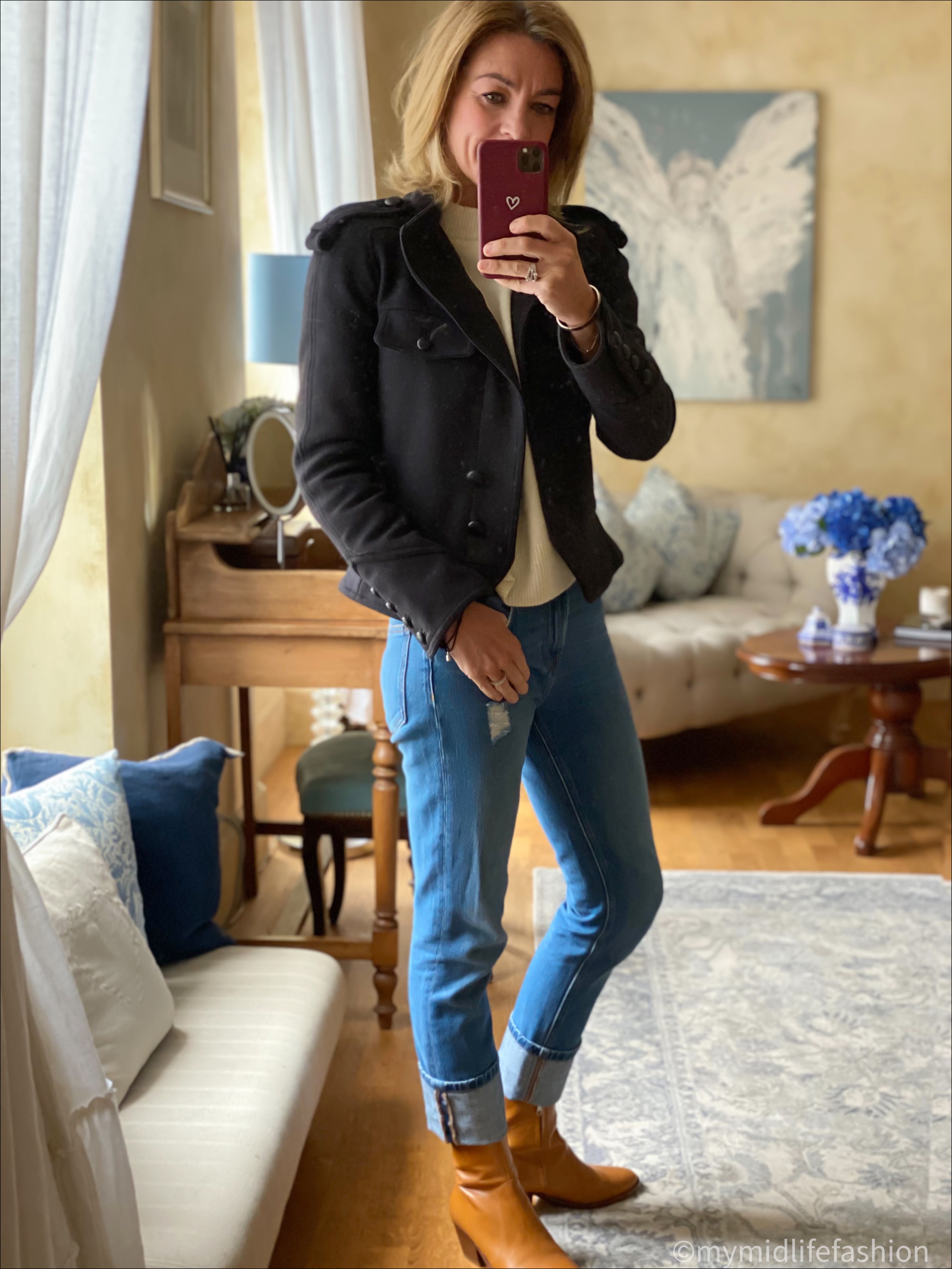 my midlife fashion, Isabel Marant wool jacket, h and m cashmere jumper, no 44 boyfriend jeans, Isabel Marant leather block heel ankle boots
