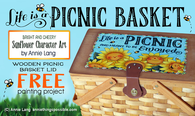 Annie Lang's FREE picnic basket pattern and how-to instructions for painting a bright and cheery wooden basket lid covered with smiles