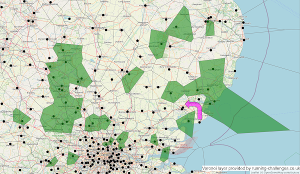 Voronoi diagram illustrating a corridor of events not yet attended on the Tendring peninsula