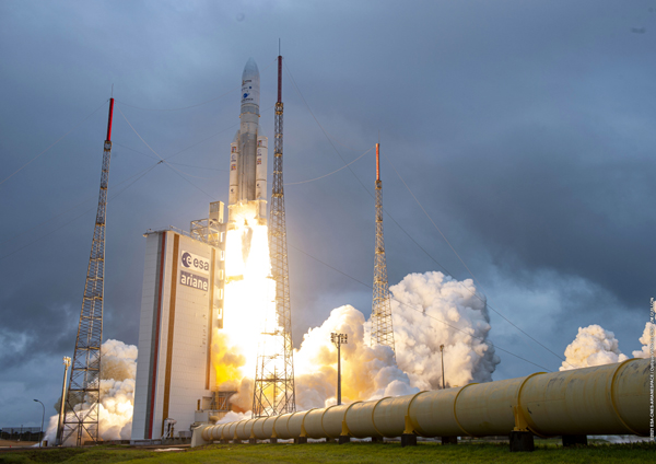 An Ariane 5 rocket carrying NASA's James Webb Space Telescope launches from Europe’s Spaceport in French Guiana, South America...on December 25, 2021.