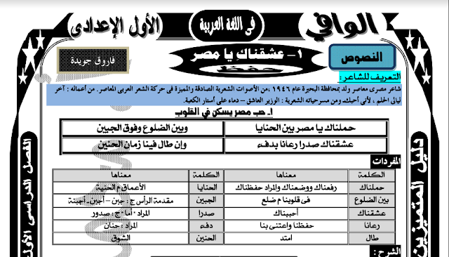 مذكرة الوافى فى اللغة العربية للصف الاول الاعدادى الترم الاول 2022