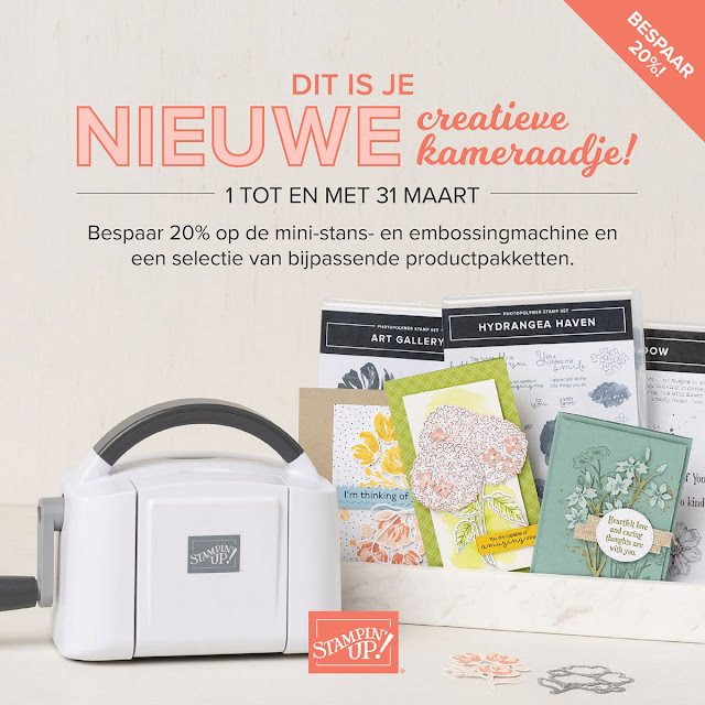 Stampin met Monique, aanbiedingen maart, creatieve kortingskriebels, mini stans- en embossingmachine, cut & emboss machine