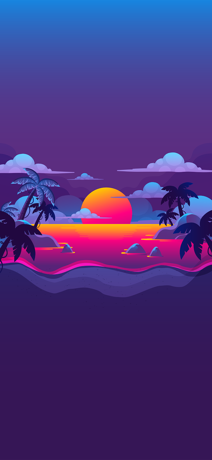 A vibrant iPhone wallpaper featuring a colorful sunset over a tropical beach with palm trees, clouds, and a calm ocean.