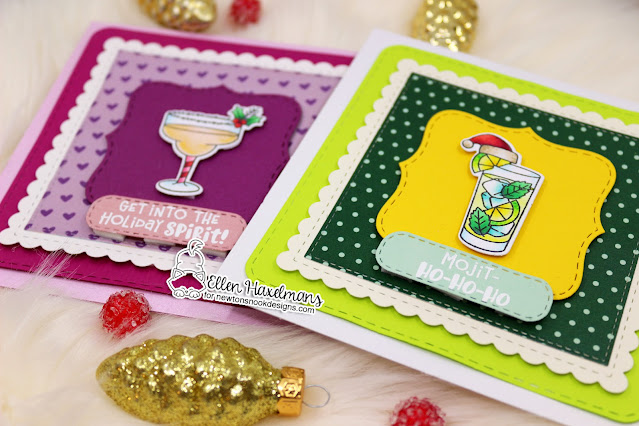 Christmas Cocktails Cards by Ellen Haxelmans | Christmas Cocktails Stamp Set, Frames Squared Die Set, Coffee House Stories Paper Pad and Banner Trio Die Set by Newton's Nook Designs #newtonsnook #handmade