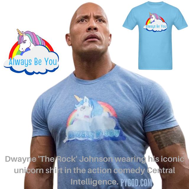 Dwayne 'The Rock' Johnson wearing his iconic unicorn shirt in the action comedy Central Intelligence co-starring Kevin Hart. PYGear.com