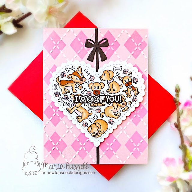 I Woof You! Dog card by Maria Russell | Heartfelt Woofs Stamp Set, Heart Frames Die Set, Baby Bibs Die Set and Argyle Stencil Set by Newton's Nook Designs