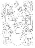 boy and girl build a snowman coloring page