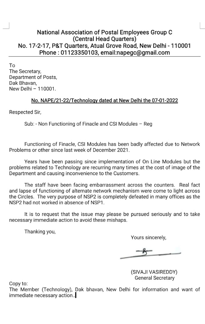 GS NAPEc letter to Secretary Post about frequent Finacle failure