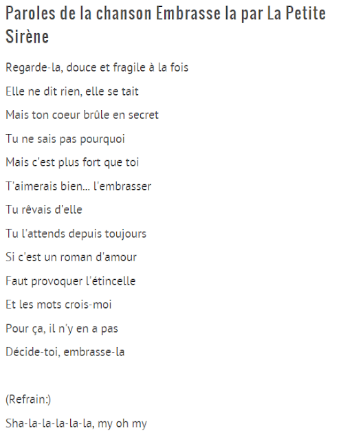 Lyrics de la chanson : La Petite Sirène  - Embrasse la Parole