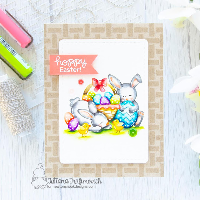 Hoppy Easter Card by Tatiana Trafimovich | Newton's Easter Basket Stamp Set, Frames & Flags Die Set and Basketweave Stencil by Newton's Nook Designs #newtonsnook