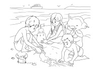 Children  and Teletubby playing in the sand