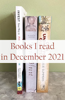 Three books against a green wall with a white bannner in the middle and "Books I read in December 2021" in red text.