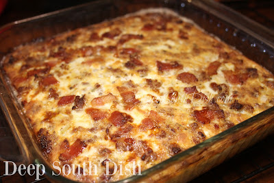 A yummy breakfast casserole that can be put together at the last minute - hash browns, sausage or ham, onion, bacon, milk, eggs, salt and pepper - what more could you want to start the day?!