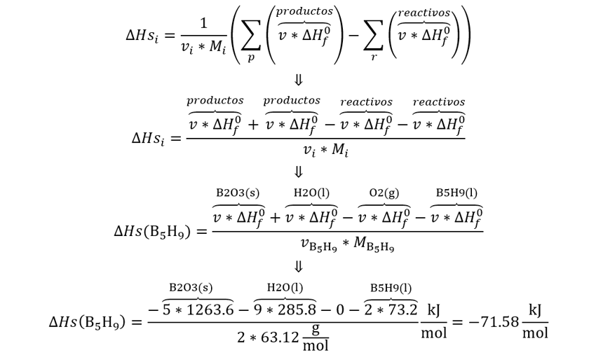 Pentaborano-9 B5H9 es un líquido incoloro altamente reactivo, que estallará en llamas cuando se exponga al oxígeno, 2B5H9(l) + 12O2(g) → 5B2O3(s) + 9H2O(l), Calcule los kilojulios de calor liberado por gramo de pentaborano-9, La entalpía estándar de formación de B5H9 es 73.2 kJ/mol, Calcule los kilojulios de calor liberado por gramo, como calcular la entalpía específica kJ/g