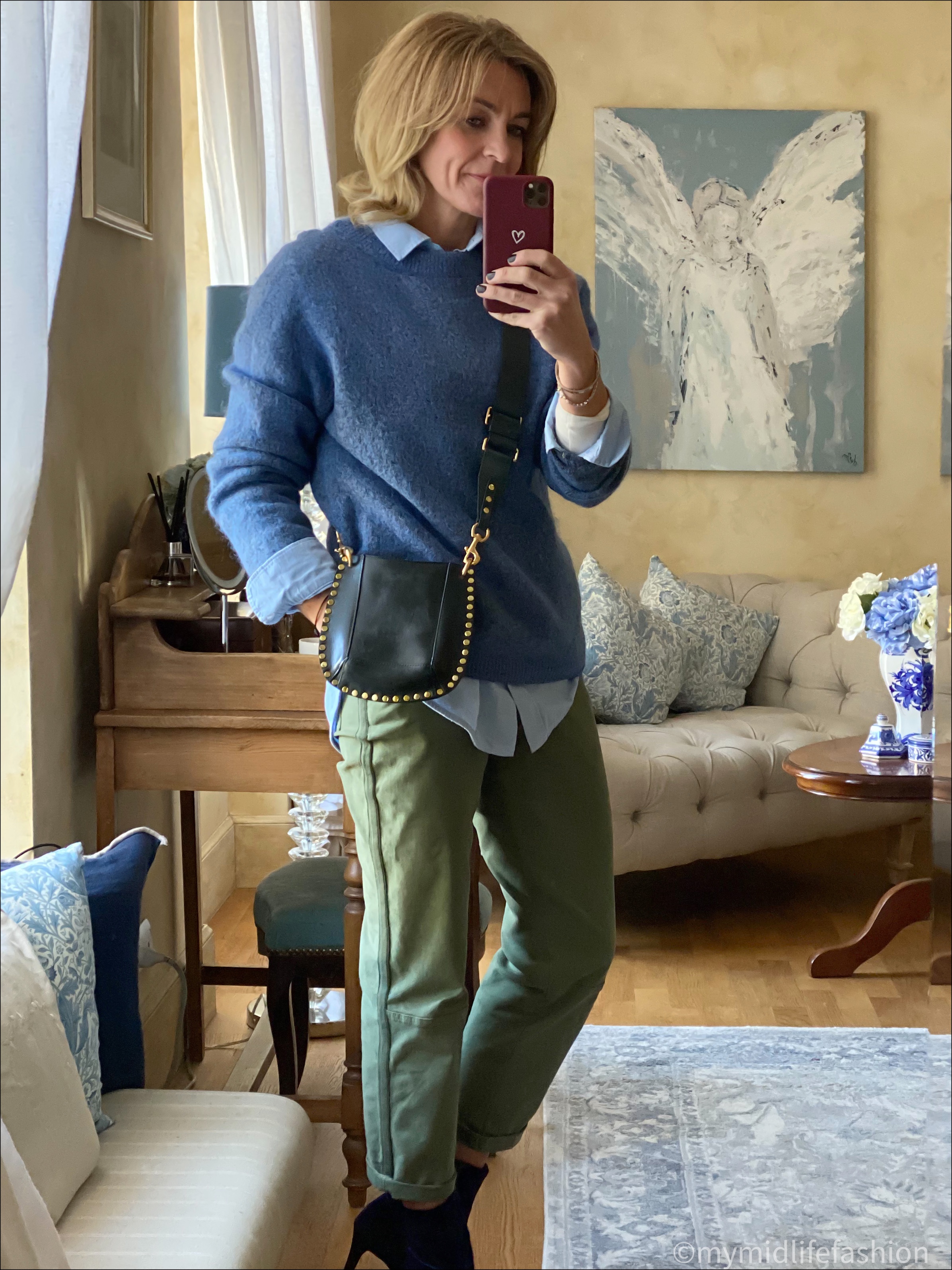 my midlife fashion, acne studios crew neck jumper, h and m oversized chambray shirt, baukjen easter cargo trousers, marks and Spencer stiletto heel ankle boots