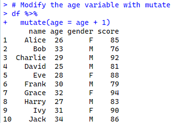 Modify the age variable with mutate using dplyr function in R