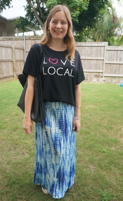 The Collective Store Love Local tee in black with tote bag and blue tie dye maxi skirt summer shopping outfit | awayfromblue