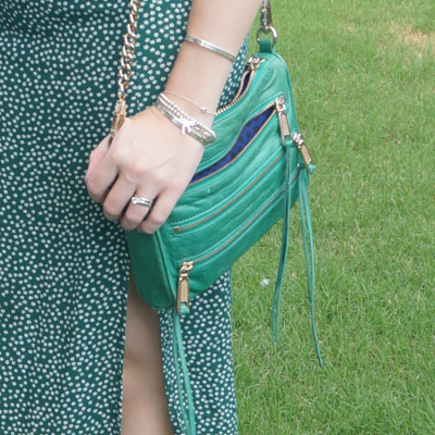 green floral print skirt, Rebecca Minkoff emerald green mini 5-zip rocker bag | awayfromtheblue