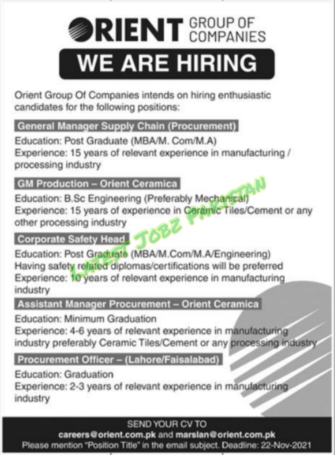 Latest Jobs in Orient Group of Companies 2021